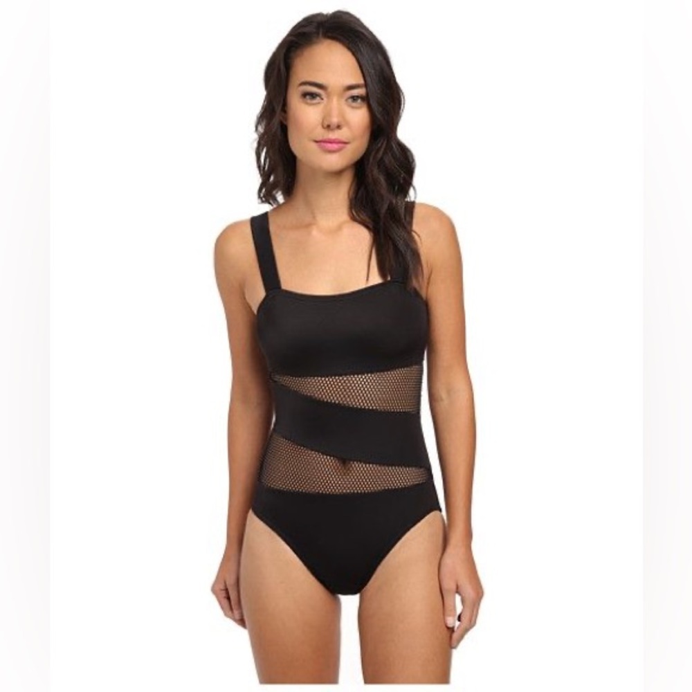 DKNY Black Mesh Panel One Piece Swimsuit | Size 14 | Chic Cutout - Picture 1 of 9